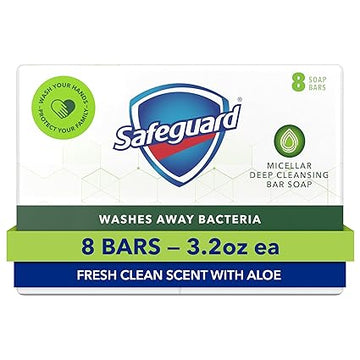 Safeguard Micellar Deep Cleansing Bath Bar Soap, Washes Away 99 Percent of Bacteria, Leaves Skin Soft, Fresh Clean Scent with Aloe, 3.2 oz (8 Count)