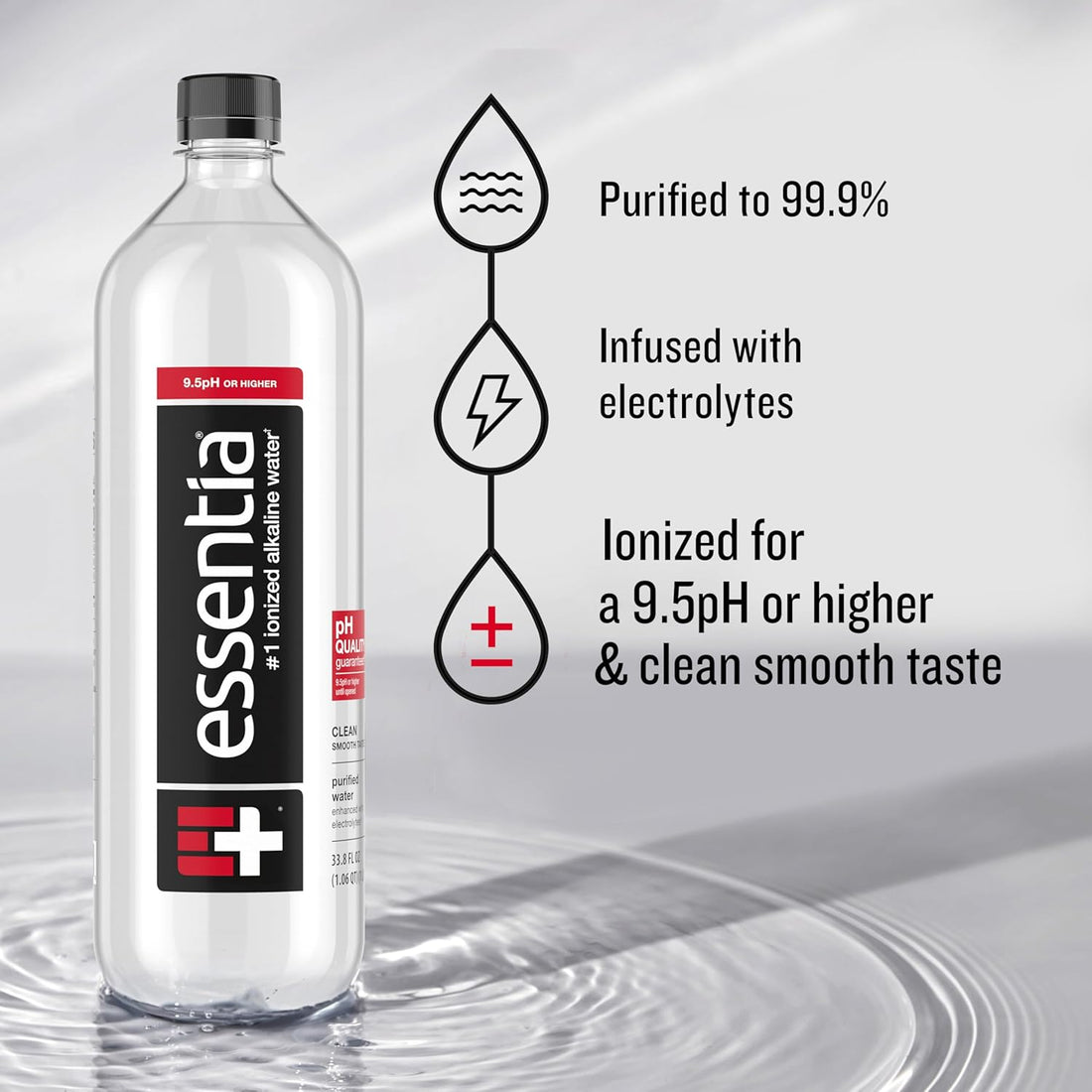 Essentia Water LLC , 99.9% Pure, Infused with Electrolytes for a Smooth Taste, pH 9.5 or Higher; Ionized Alkaline Water, Black, 42.3 Fl Oz (Pack of 12)