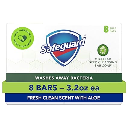 Safeguard Micellar Deep Cleansing Bath Bar Soap, Washes Away 99 Percent of Bacteria, Leaves Skin Soft, Fresh Clean Scent with Aloe, 3.2 oz (8 Count)