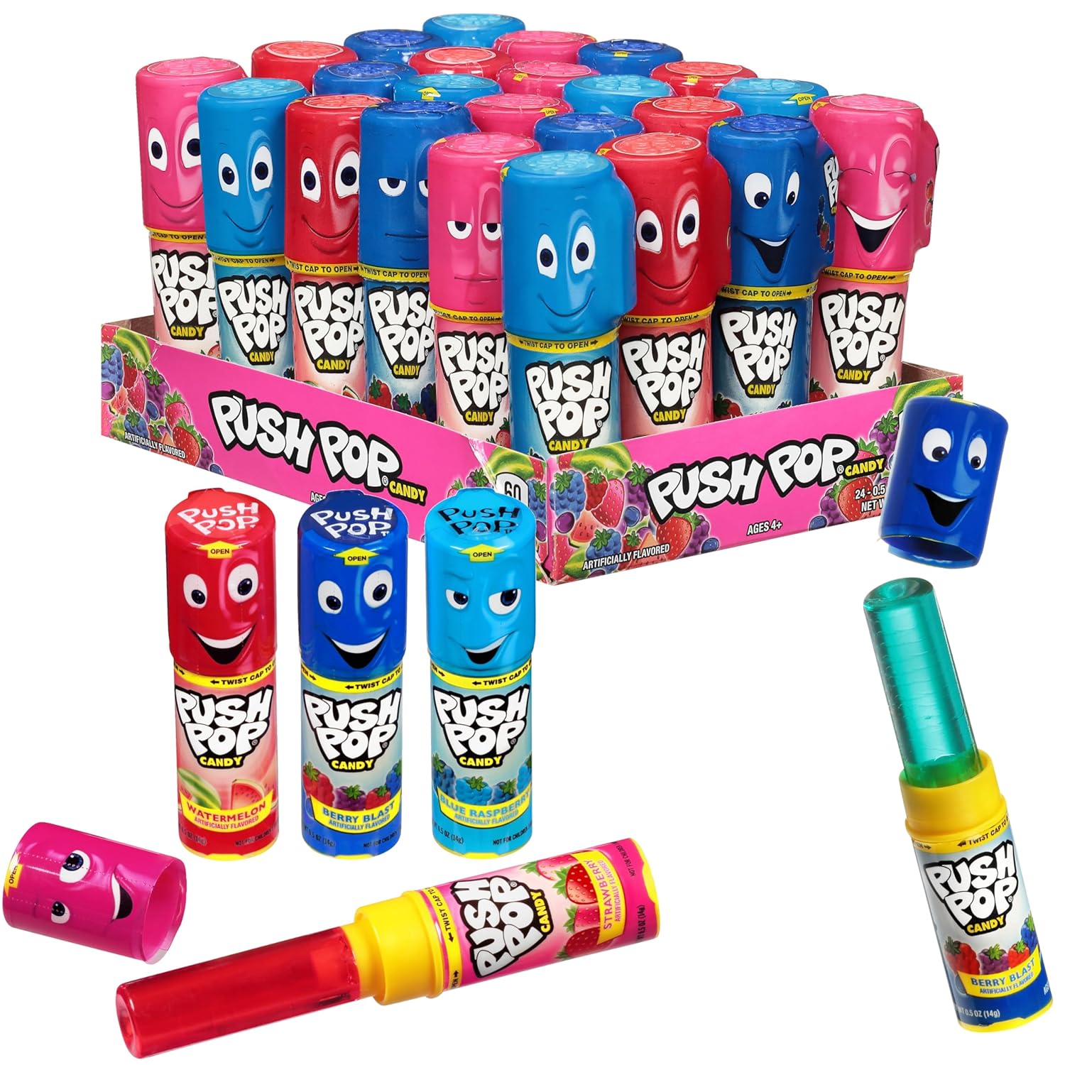 Push Pop Candy Variety Pack, Bulk Individually Wrapped for Party Favors, 24 Count Variety Lollipops, Fun Push Pop Lollipop Gift Baskets, Goodie Bags, Candy Gifts, Birthdays Kids Party Favors